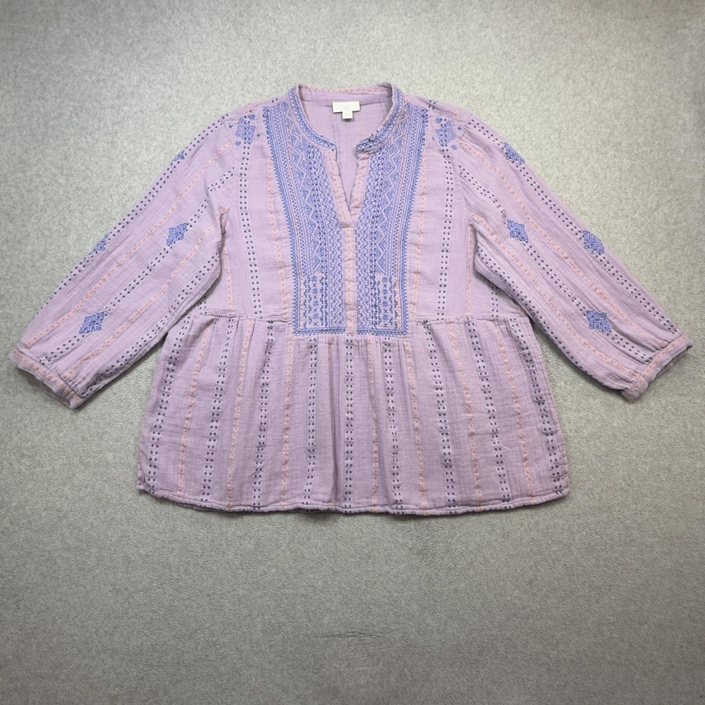J Jill Gauze Shirt Women Large Purple Embroidered Boho Casual V Neck Lightweight